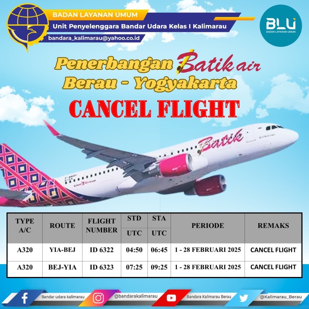 Batik Air Batalkan Penerbangan Rute Berau-Yogyakarta Selama Februari 2025