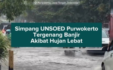 Simpang UNSOED Purwokerto Tergenang Banjir Akibat Hujan Lebat