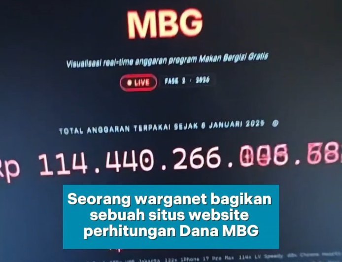 Seorang warganet menunjukan sebuah situs website perhitungan dana MBG yang terpakai setiap hari di seluruh daerah