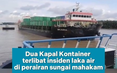 Kapal Pengangkut Kontainer di Sungai Mahakam Terlibat Laka Air