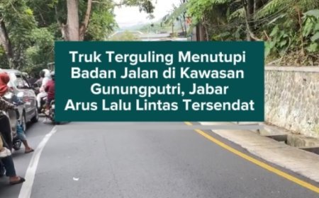 Truk Terguling Menutupi Badan Jalan di Kawasan Gunungputri, Arus Lalu Lintas Tersendat