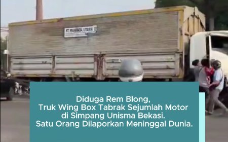 Diduga rem blong, truk wing box tabrak sejumlah pemotor di simpang Unisma Bekasi. Satu orang dilaporkan meninggal dunia